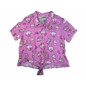 Pusheen Sweets Strawberry Tie Front Girls Button Up Shirt Jrs Medium Pink NEW